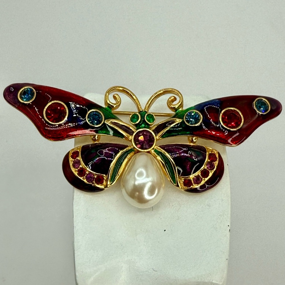 Vintage Joan Rivers Plique-à-Jour Butterfly Brooch with Faux Pearl